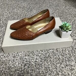 VTG Calico Cuban Heels 5.5 Woven Embroidered Leather Camel Brown Pointed Toe